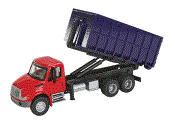 1:87 Scale - International 4300 Dual-Axle Dumpster Truck - Red Cab / Blue Dumpster